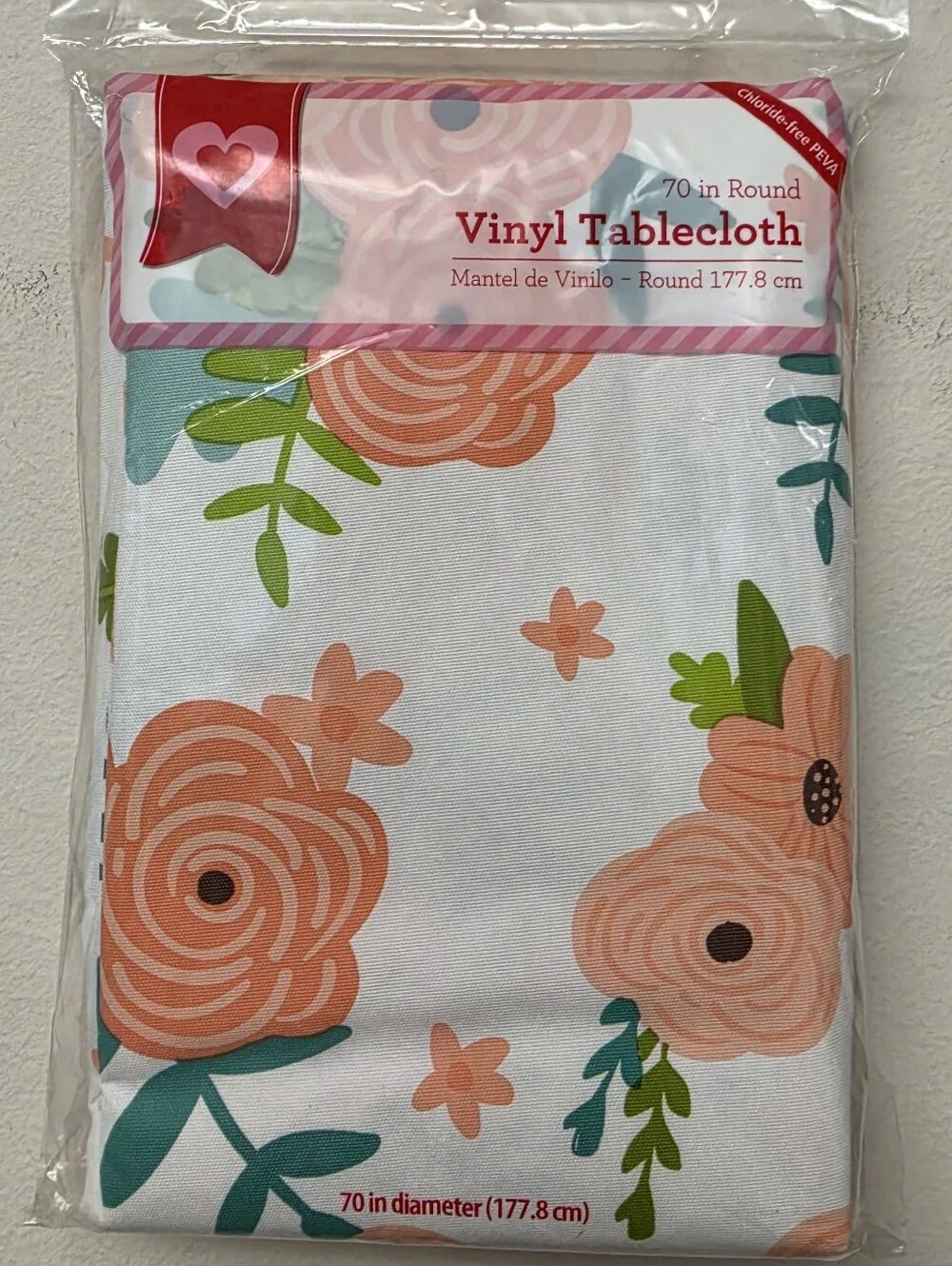 Floral Spring Round Vinyl Tablecloth Peach White 70 inch